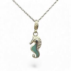 Blue Enamel Seahorse Clip On Pendant Necklace 18 inch Chain 925 Sterling Silver